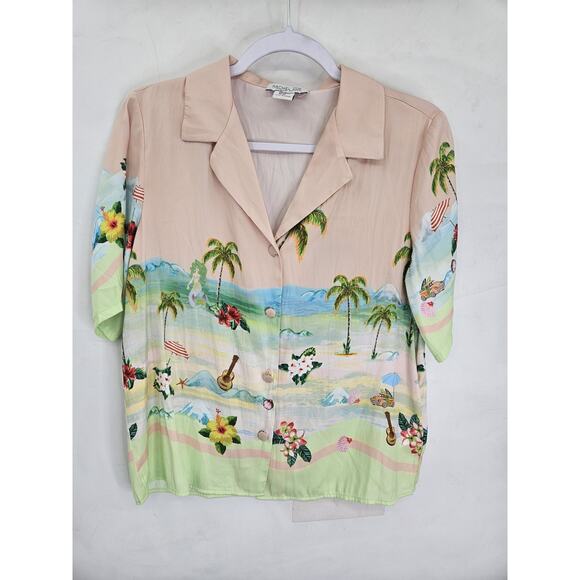 Rachel Zoe Women XS Tropical Beach Satin Feel Button Short Sleeve Shirt Vacation - Picture 1 of 6